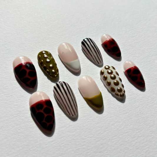 Olive Safari Dots & Stripes Press On Nails – Nude Nail Set, Animal Print & Gold Stud Polka Dots