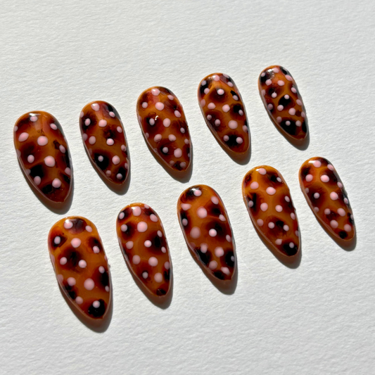 Pink Polka Dot Tortoiseshell Press-On Nail Set – Glossy Brown Nude Nails with Soft Pink Dots