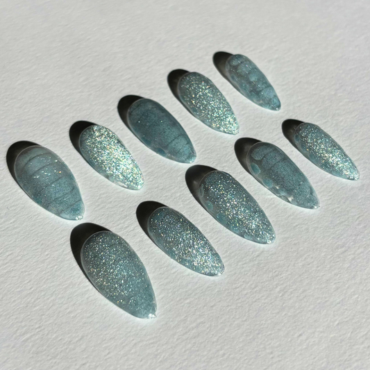 Seafoam Frost Shimmer Press-On Nail Set – Soft Blue Marble Glow, Glossy Almond Nails
