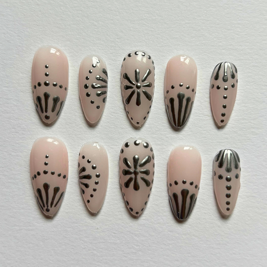 Nude Silver Press-On Nails | Minimal Metallic Dot Design | Handmade Nail Set