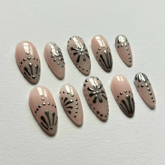 Nude Silver Press-On Nails | Minimal Metallic Dot Design | Handmade Nail Set