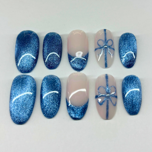 Blue Gift Wrap Press-On Nail Set – Sparkle Blue Nails with Nude French Tips & Bow Accent Art
