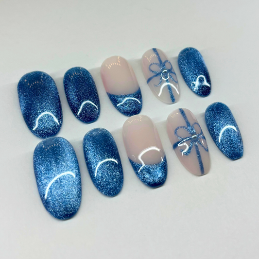 Blue Gift Wrap Press-On Nail Set – Sparkle Blue Nails with Nude French Tips & Bow Accent Art