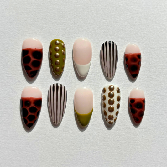 Olive Safari Dots & Stripes Press On Nails – Nude Nail Set, Animal Print & Gold Stud Polka Dots