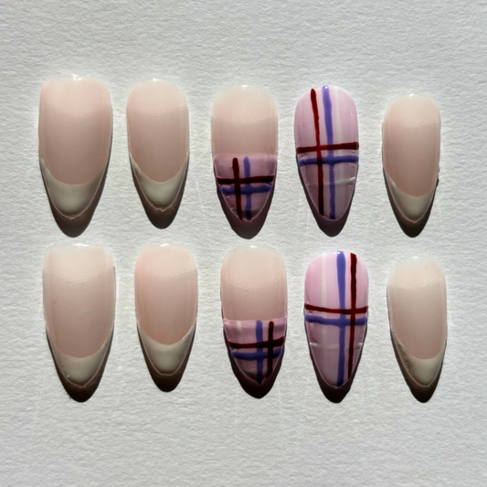 Blush Plaid French Tip Press-On Nail Set – Nude Base with Soft White Tips & Pink/Lilac Plaid Accents