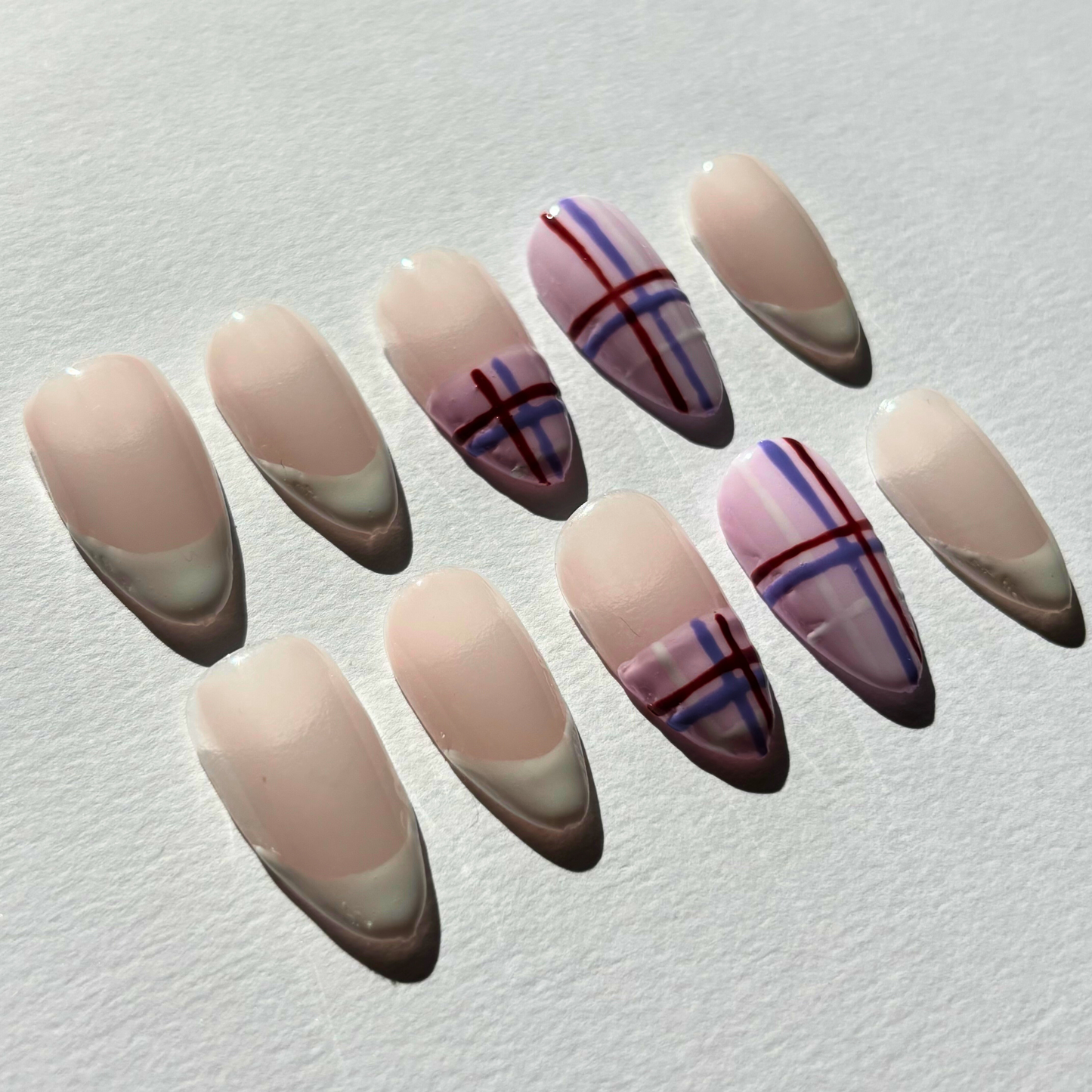 Blush Plaid French Tip Press-On Nail Set – Nude Base with Soft White Tips & Pink/Lilac Plaid Accents