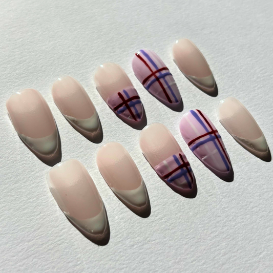 Blush Plaid French Tip Press-On Nail Set – Nude Base with Soft White Tips & Pink/Lilac Plaid Accents