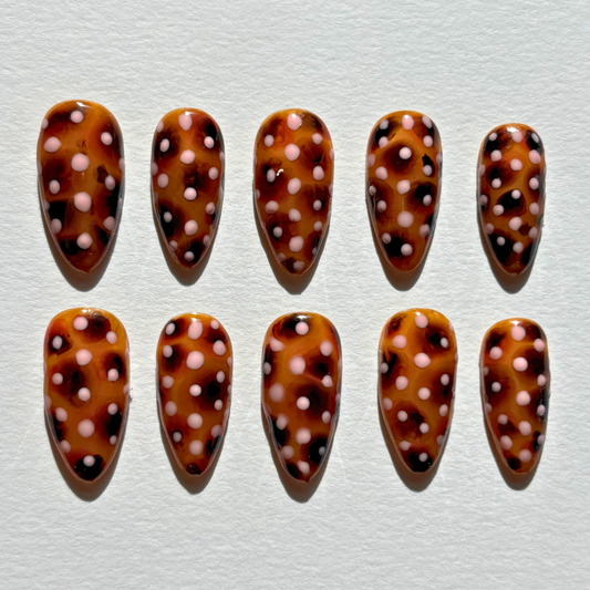 Pink Polka Dot Tortoiseshell Press-On Nail Set – Glossy Brown Nude Nails with Soft Pink Dots