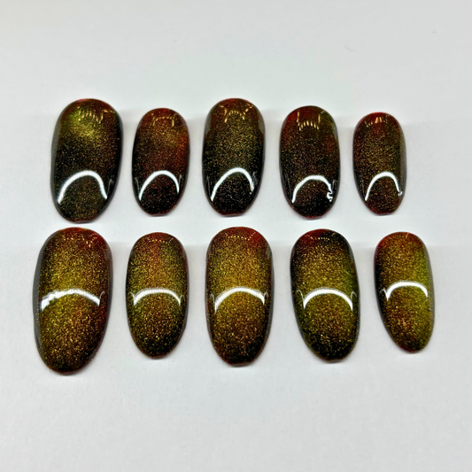 Golden Ember Chrome Press-On Nail Set – Black Base with Green-Gold Shift & Multichrome Sparkle