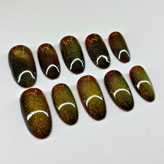Golden Ember Chrome Press-On Nail Set – Black Base with Green-Gold Shift & Multichrome Sparkle