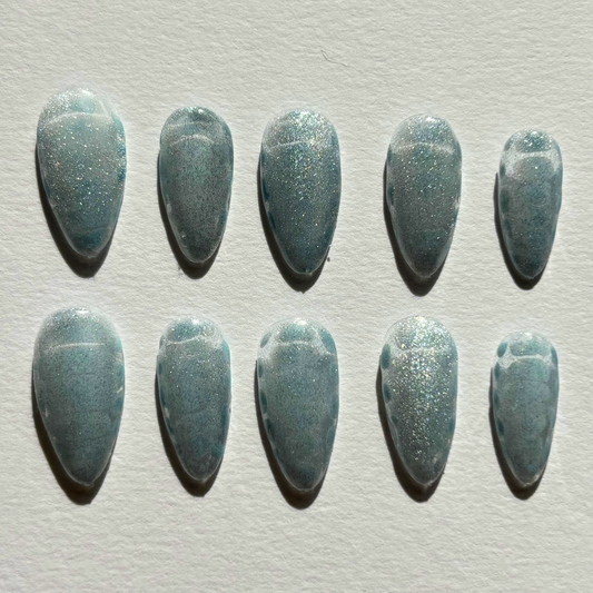 Seafoam Frost Shimmer Press-On Nail Set – Soft Blue Marble Glow, Glossy Almond Nails